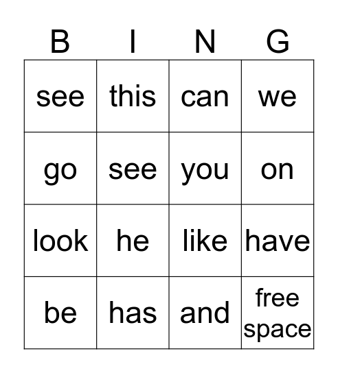 Sight Word  Bingo Card