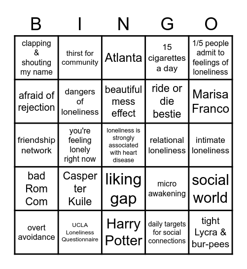 How to Make Friends as An Adult Bingo Card