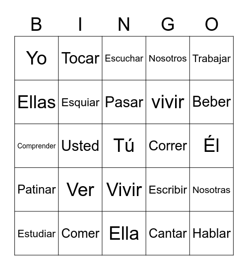 Los Verbos Regulares y Pronombres Bingo Card