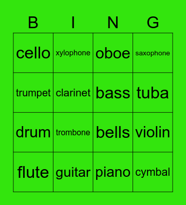 Musical Instrument Bingo Card