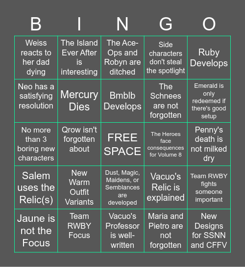 RWBY VOLUME 9/10 WISHES Bingo Card