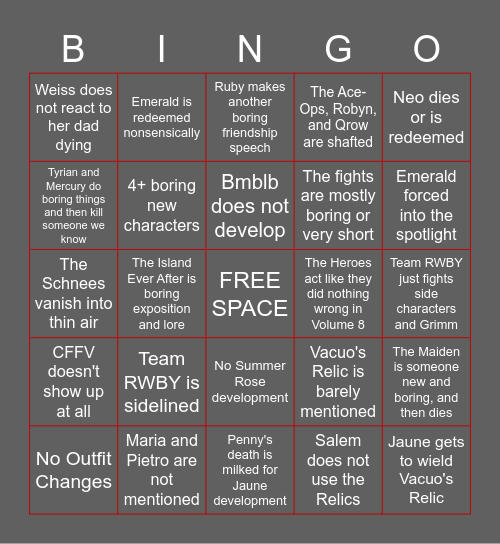 RWBY VOLUME 9/10 EXPECTATIONS Bingo Card