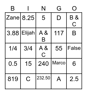 Proportional Relationships BINGO Card