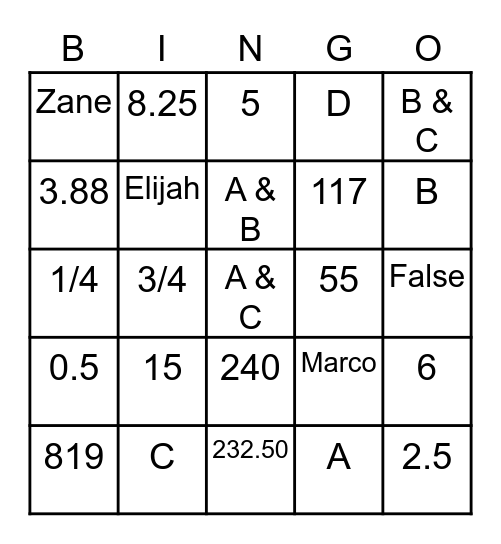 Proportional Relationships BINGO Card