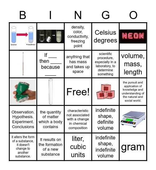 Matter, Physical and Chemical Changes Bingo Card