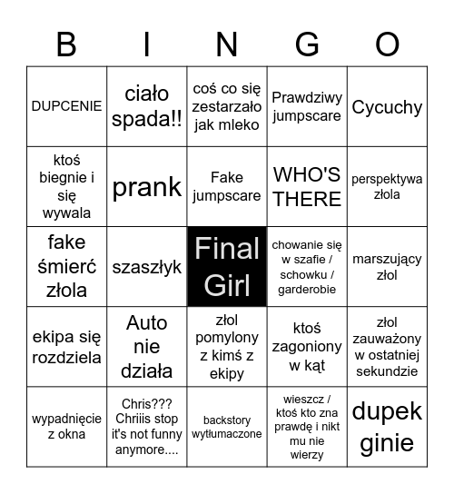 Slasher Bingo Card