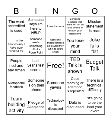 Back to School Faculty Bingo Card