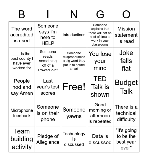 Back to School Faculty Bingo Card