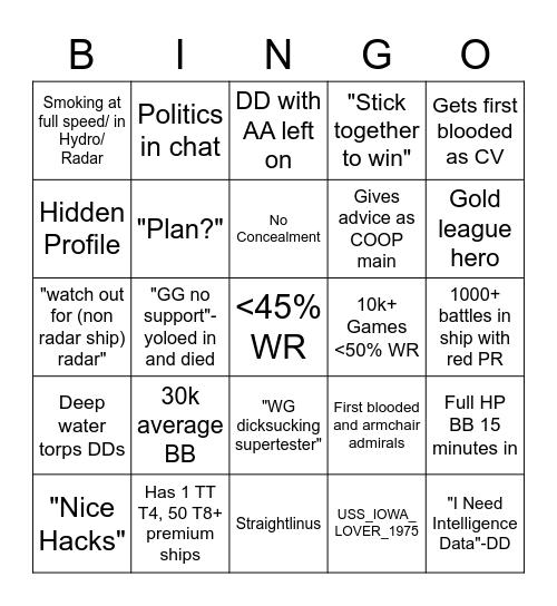 WOWS Shitter Bingo Card