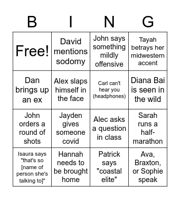 Section G Turkey Bingo Card