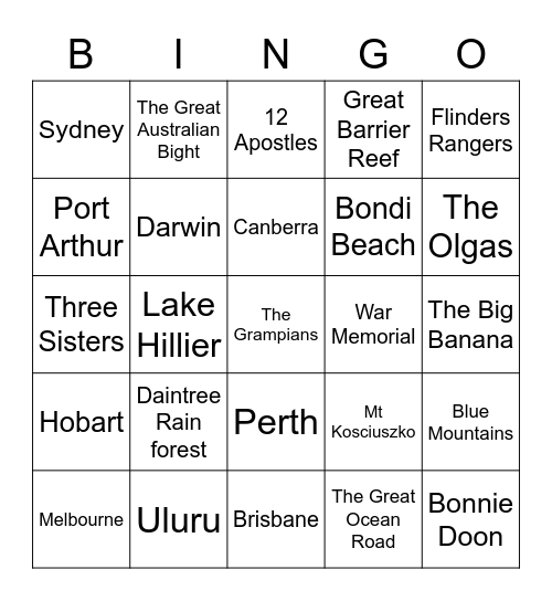 Major Places in Australia - Geography Bingo Card