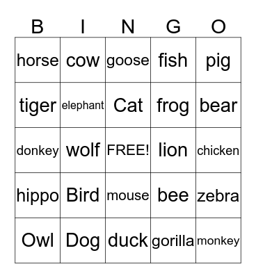Animals Bingo Card