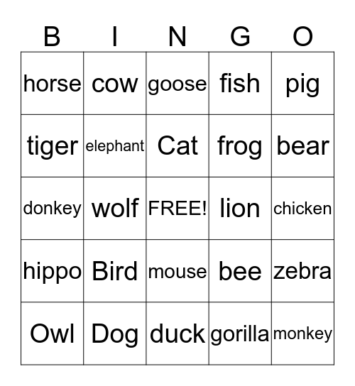 Animals Bingo Card