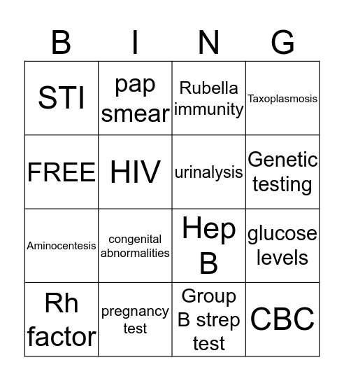 Prenatal Profile  Bingo Card