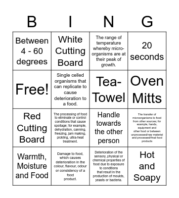 Year 10 Food Safety and Hygeine Recap Bingo Card