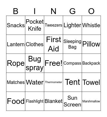 Cub Scouts Camping Essentials Bingo Card