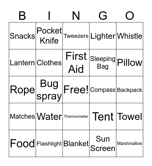 Cub Scouts Camping Essentials Bingo Card