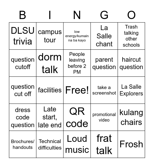 DLSU Orientation Bingo Card Bingo Card