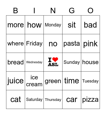ASL Words Bingo Card
