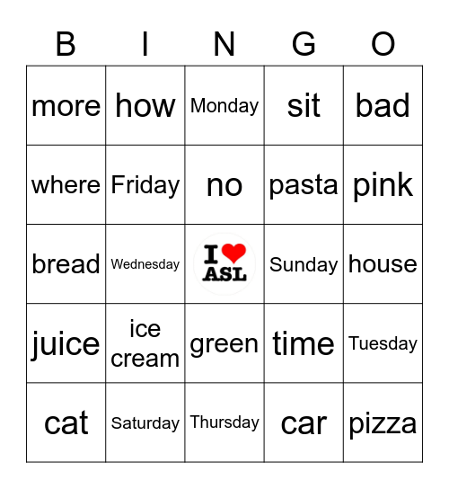 ASL Words Bingo Card