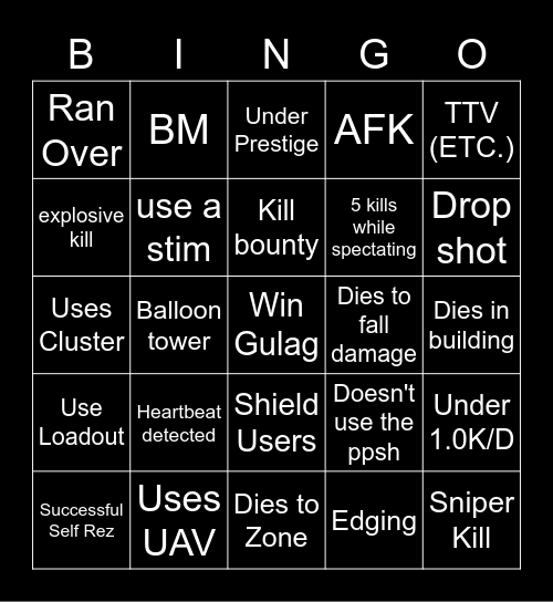 Warzone Bingo Card