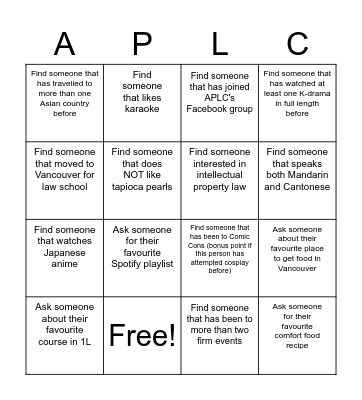 APLC Icebreaker Bingo Card