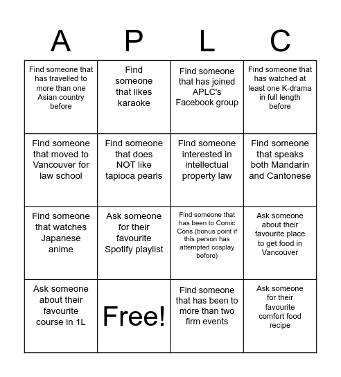 APLC Icebreaker Bingo Card