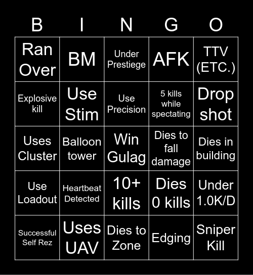 Warzone Bingo Card