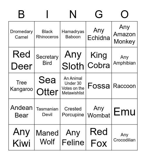 Planet Zoo Fall 2022 DLC Bingo Card