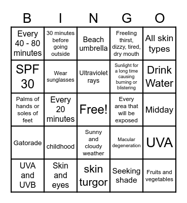 Be Sun Safe Bingo Card
