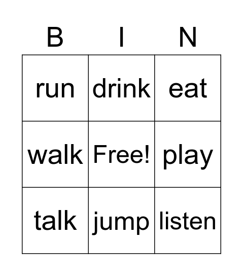 verb Bingo Card