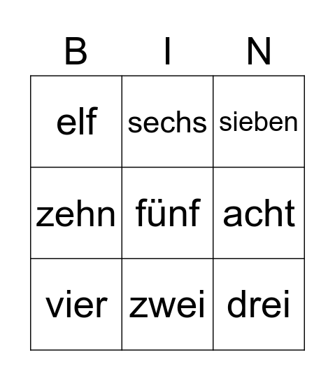 Zahlen 1-10 Bingo Card