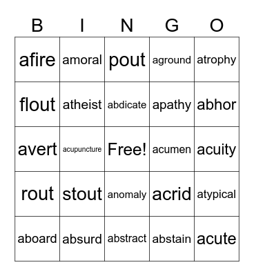 Vocabulary #1 Bingo Card