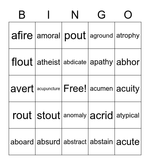 Vocabulary #1 Bingo Card