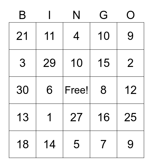 Numbers in French From 0-30 Bingo Card