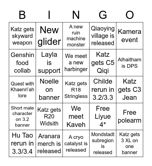 Katz’s Genshin Bingo Card