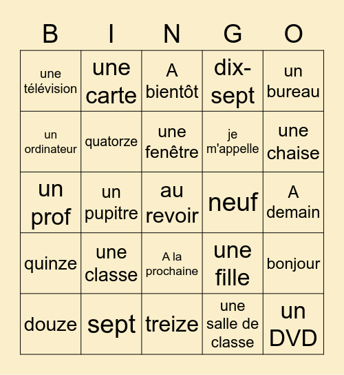 Dans la salle de classe Bingo Card