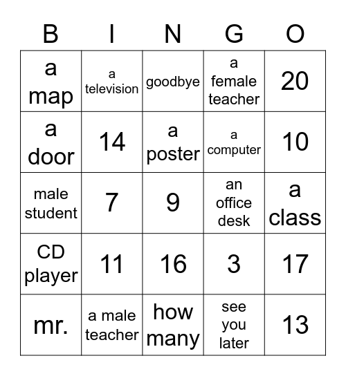 Dans la salle de classe (clues in English) Bingo Card