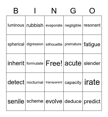 Vocabulary Bingo Card