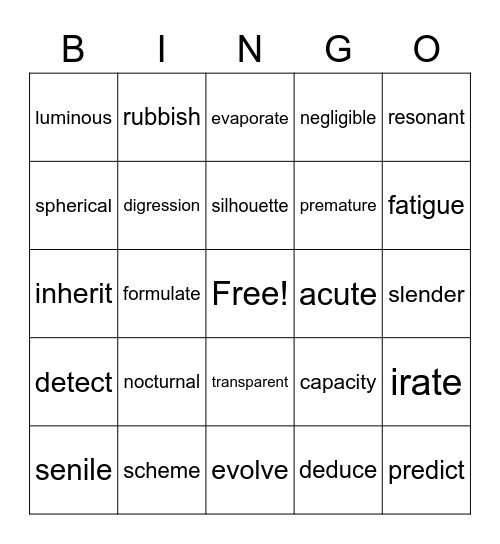 Vocabulary Bingo Card