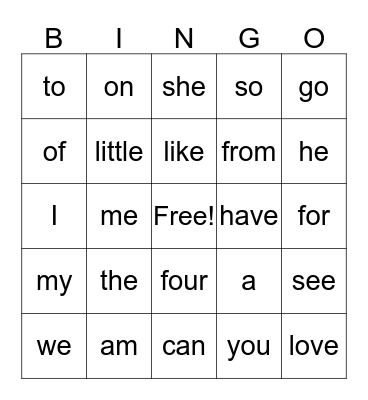 Kindergarten Sight words Bingo Card