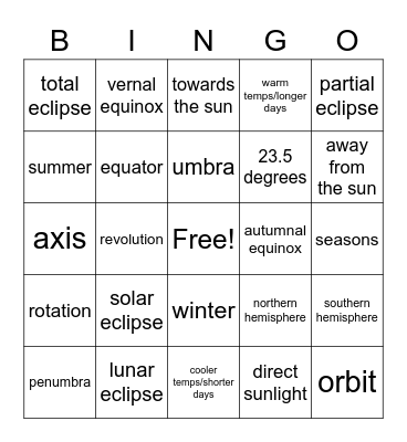 Seasons and Eclipses Bingo Card