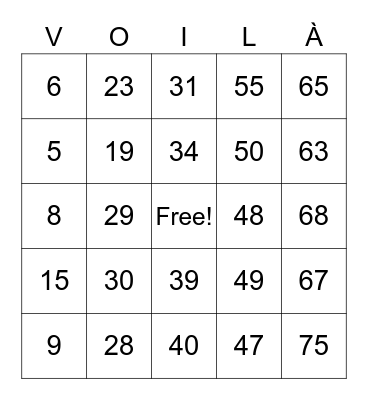French Bingo, 1-75 Bingo Card