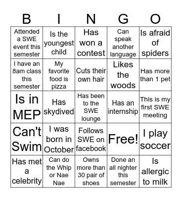 SWE Meeting #2 Bingo Card
