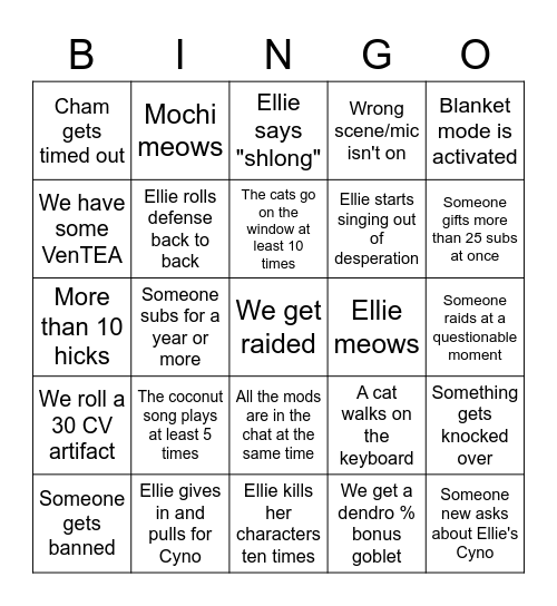 Ellie's subathon Bingo Card