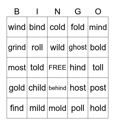 ild, old, ind, ost, oll Bingo Card