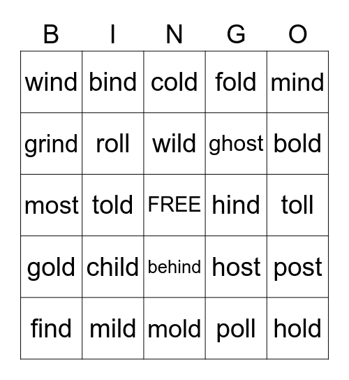 ild, old, ind, ost, oll Bingo Card