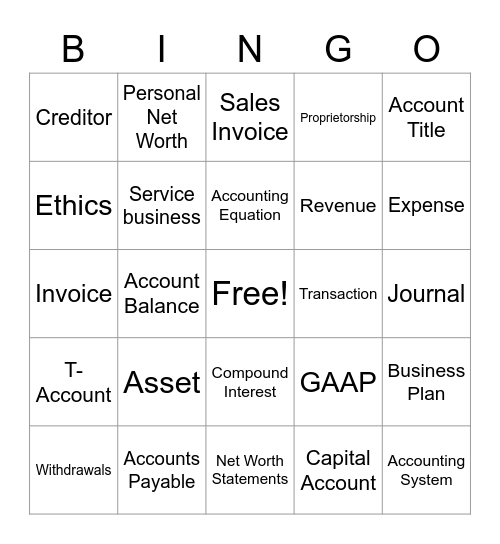 Accounting Vocab Ch. 1-3 Bingo Card