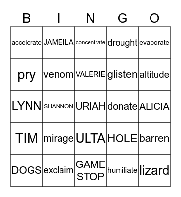 Vocabulary Bingo Card