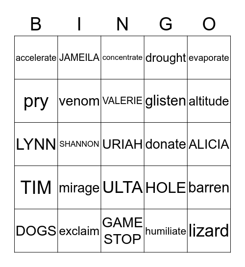 Vocabulary Bingo Card